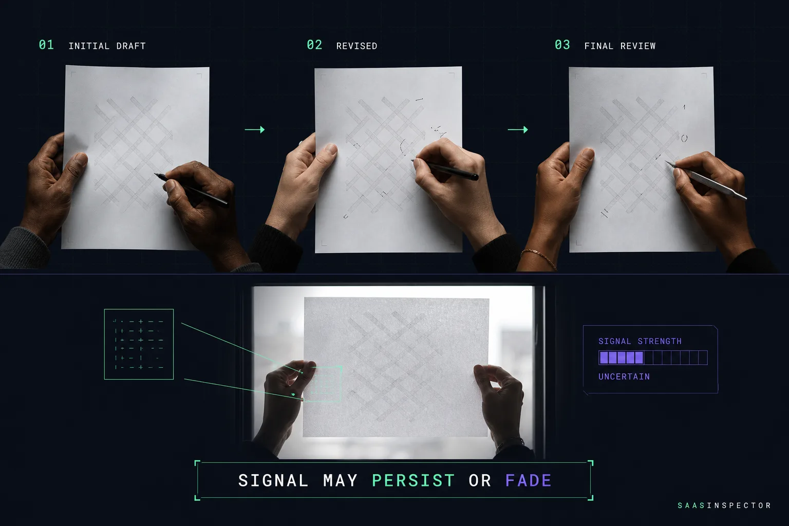 A sheet of paper passes through three hands making edits; held to a window afterwards, only a faint, partial Claude watermark signal remains - illustrating that persistence through editing is uncertain, not guaranteed.