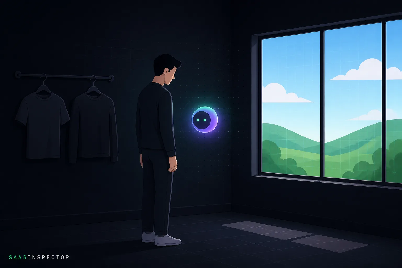 A person ignores obvious sunny weather and consults a glowing AI orb to choose between shirts, illustrating cognitive surrender