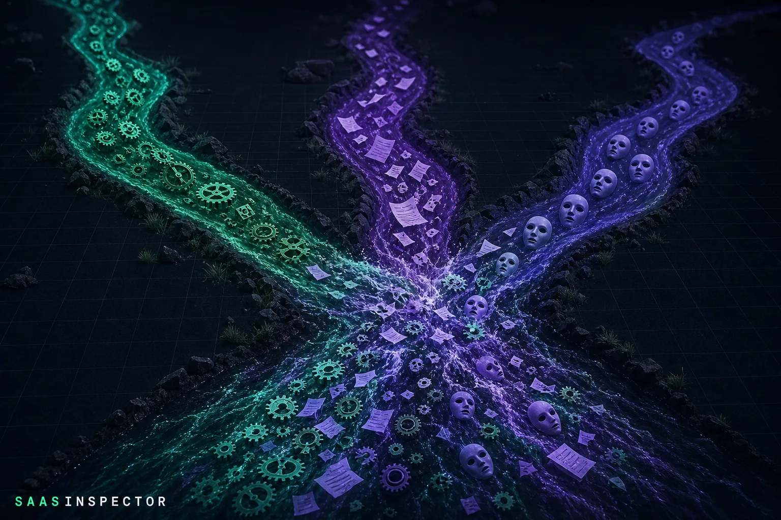Three rivers carrying gears, paper fragments, and masks converge into a single turbulent torrent, representing the three intersecting AI security threats of…