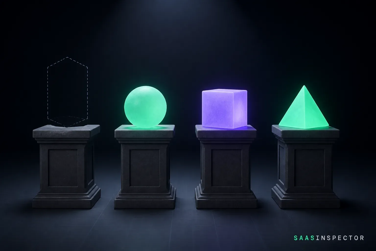 An empty pedestal beside three glowing shapes, standing for the models Cursor users can switch to