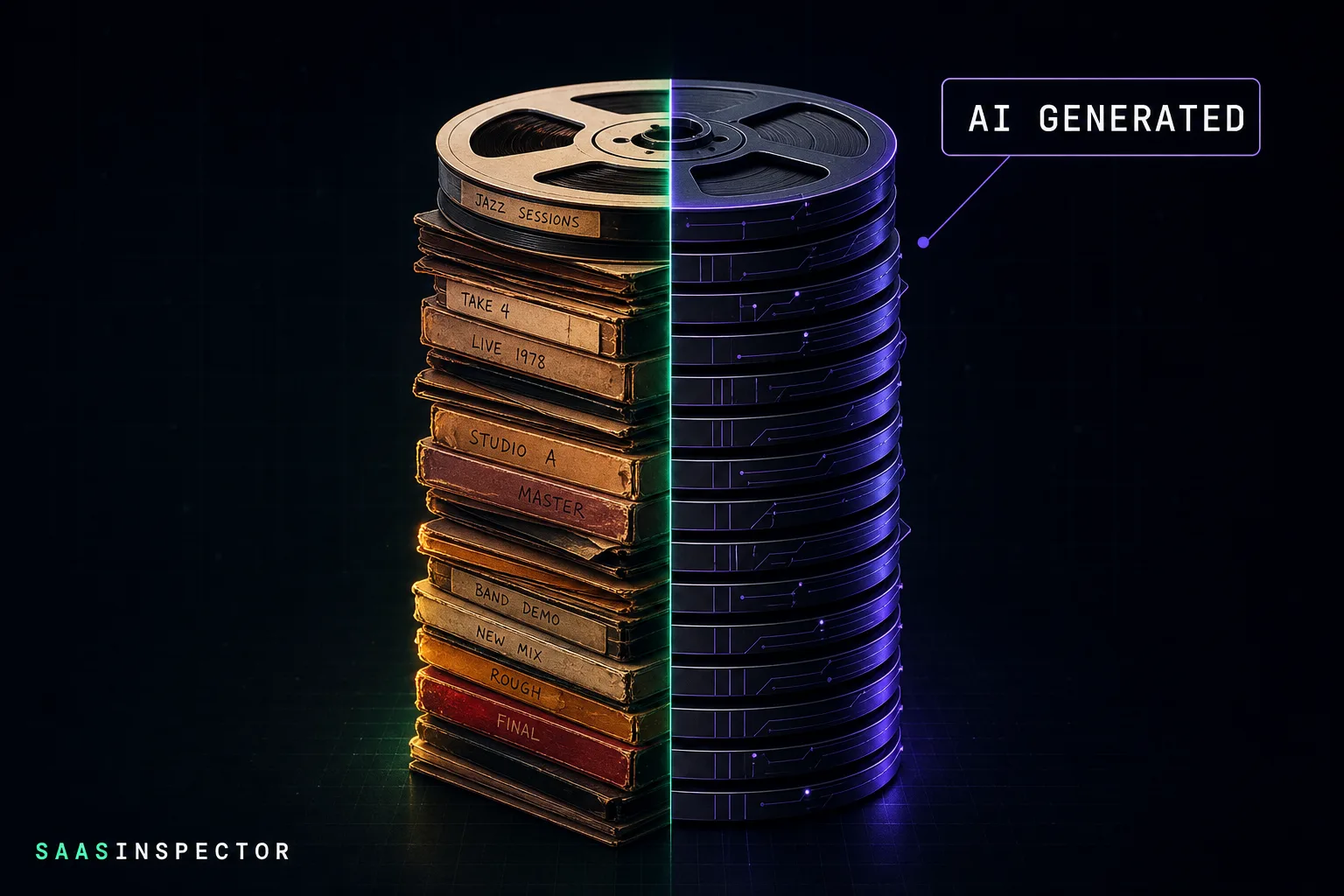 A tall stack of music reels split in half, with the right side showing identical circuit-patterned reels labelled AI Generated, illustrating the scale of AI…