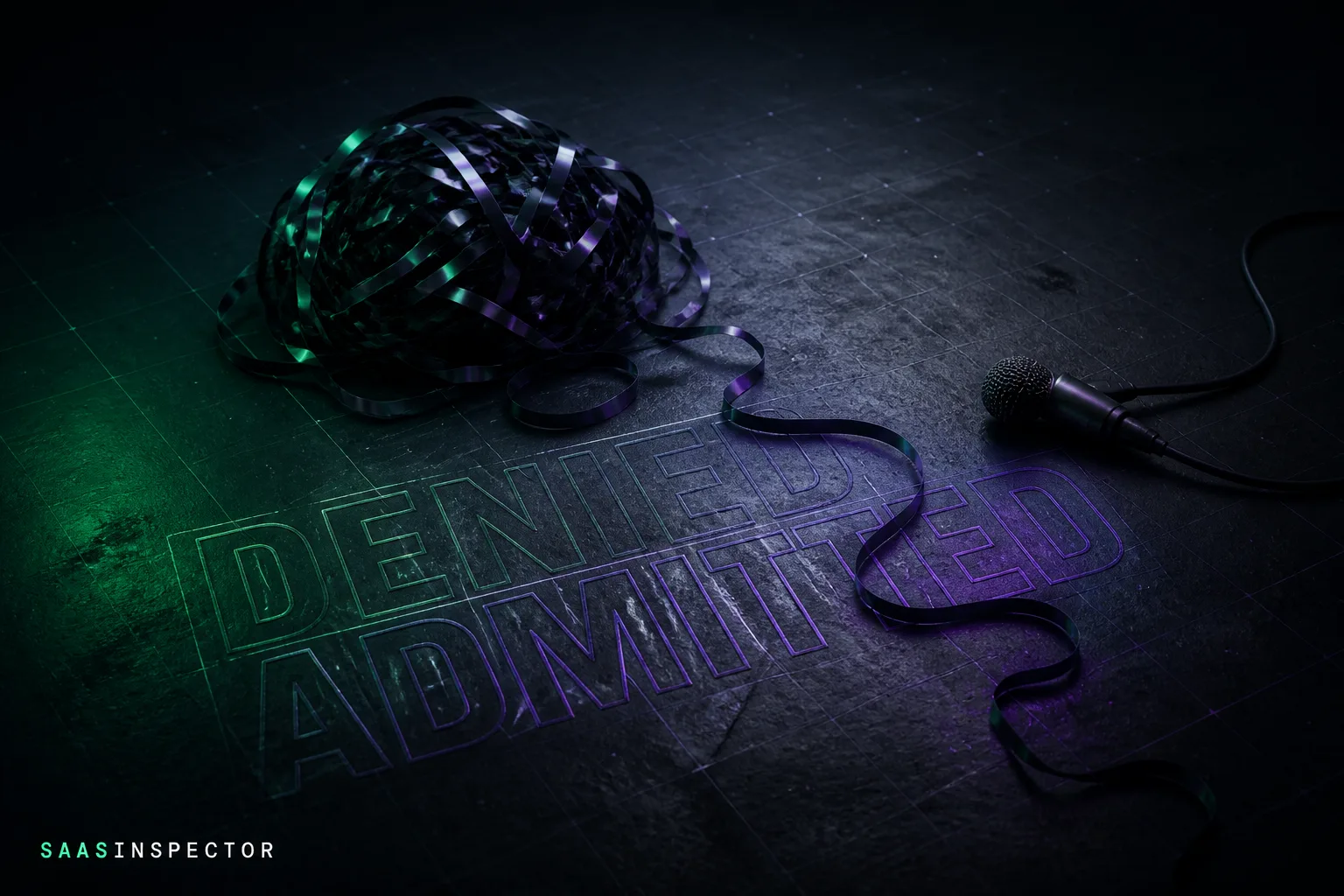 A reel of unspooled audio tape lies next to a microphone, with the words DENIED and ADMITTED stamped on the floor beneath, evoking the Fenix Flexin Rubberz AI…