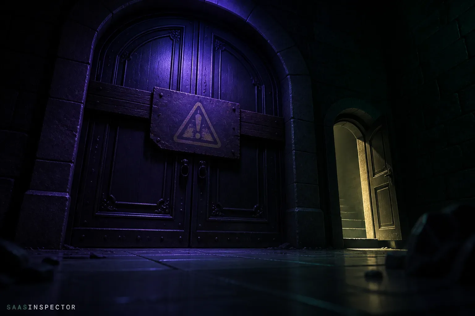 A barred main door with a warning sign stays shut while a smaller side door stands open with light spilling through.