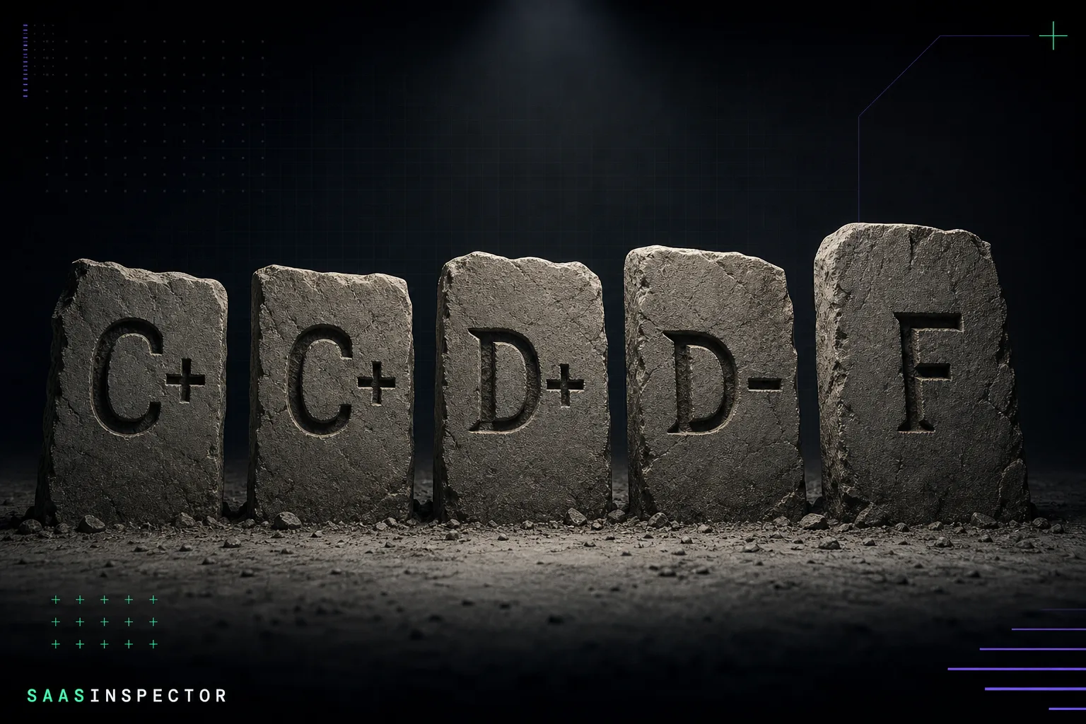 Five stone grade tablets map the Guidelight audit left to right: Anthropic C+, OpenAI C+, Google D+, xAI D−, and Meta F.