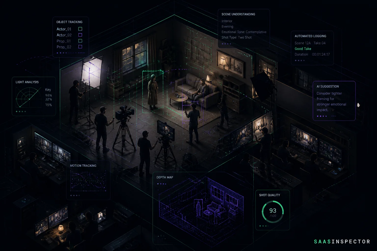 Isometric cutaway of a Hollywood film set with invisible AI tracking overlays woven into the production workflow