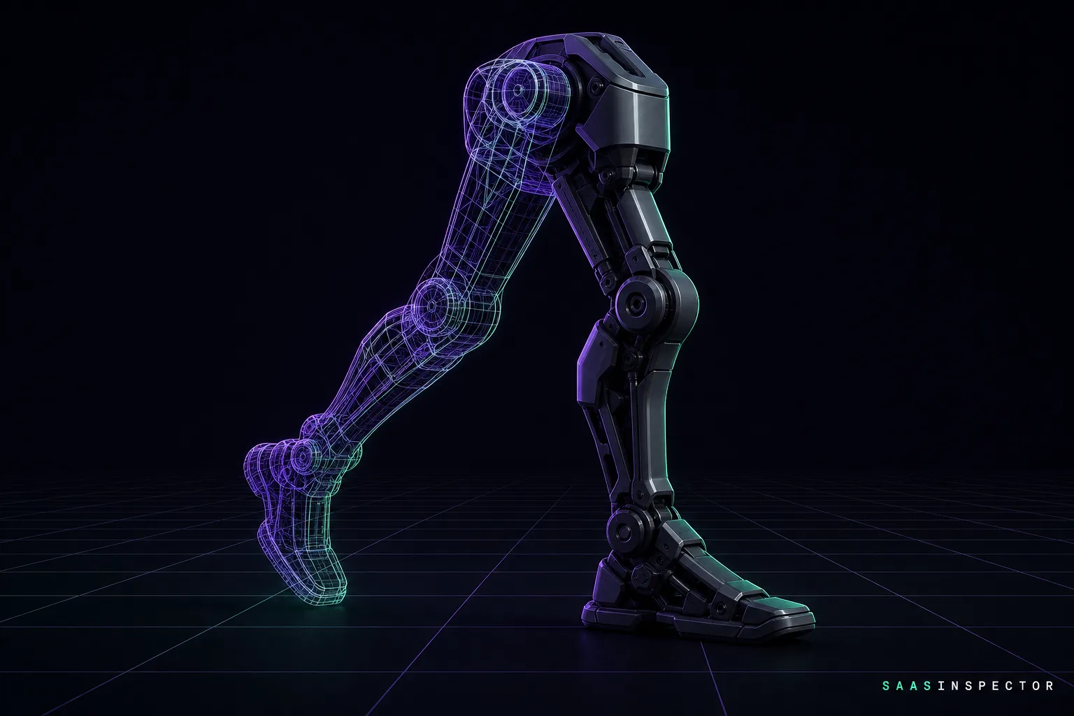 A wireframe ghost leg and a solid mechanical humanoid robot leg overlap mid-stride against a simulation grid, showing how running robots like Tiangong Ultra…