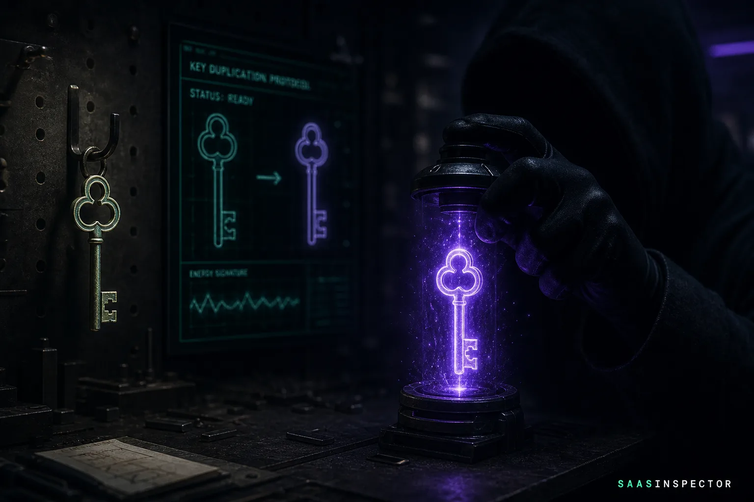 A shadowy figure duplicating a glowing session key, illustrating how infostealer malware harvested Claude login credentials to mint unauthorised OAuth tokens.