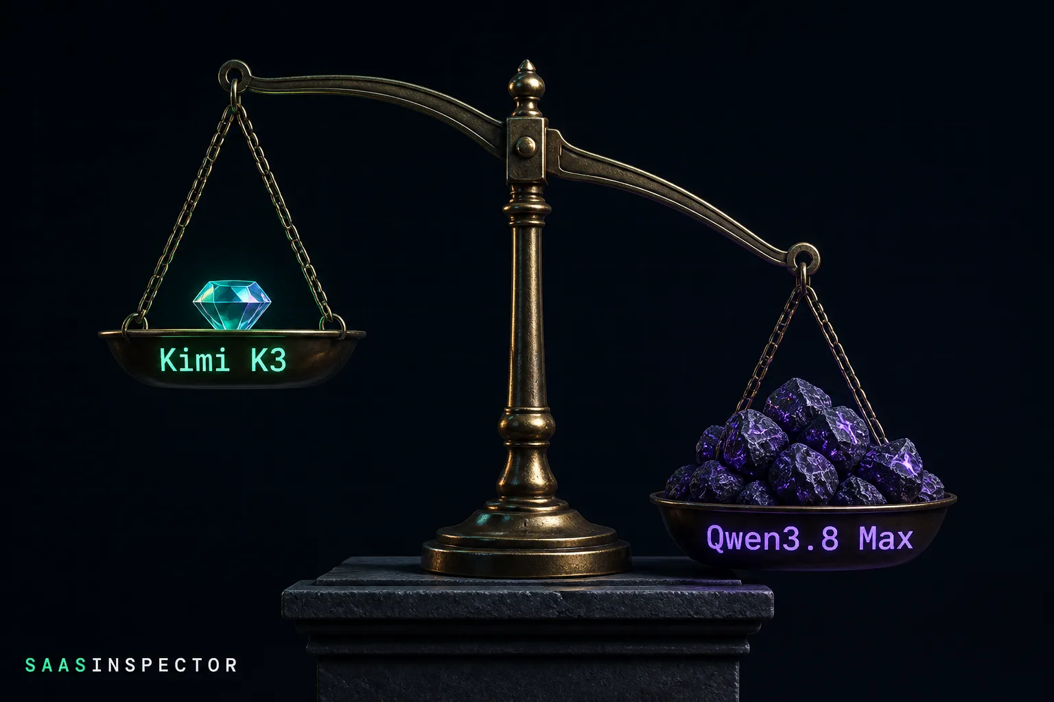 A balance scale shows Kimi K3 as a light polished gem on the raised pan, while Qwen3.8 Max sits as a heavier pile of rough rocks on the lower pan…