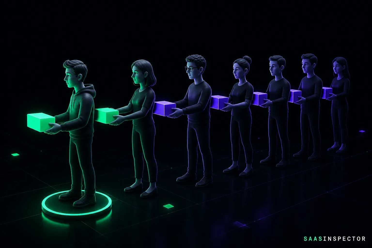 A line of people passing glowing boxes hand to hand, like stolen access being sold on down a chain.