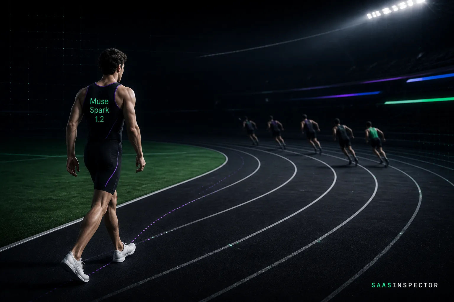 A fresh runner labeled Muse Spark 1.2 enters an athletic track where other unnamed competitors are already far ahead, showing Meta's new model joining a…