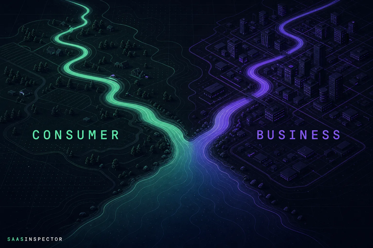 Two rivers labelled Consumer and Business merging into one stream, representing Microsoft merging its consumer Copilot app with Microsoft 365 Copilot into a…