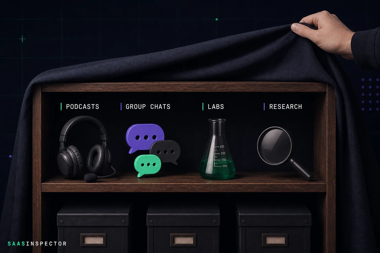 A shelf of physical objects representing scrapped Microsoft Copilot features including podcasts, group chats, labs, and deep research being covered with a…
