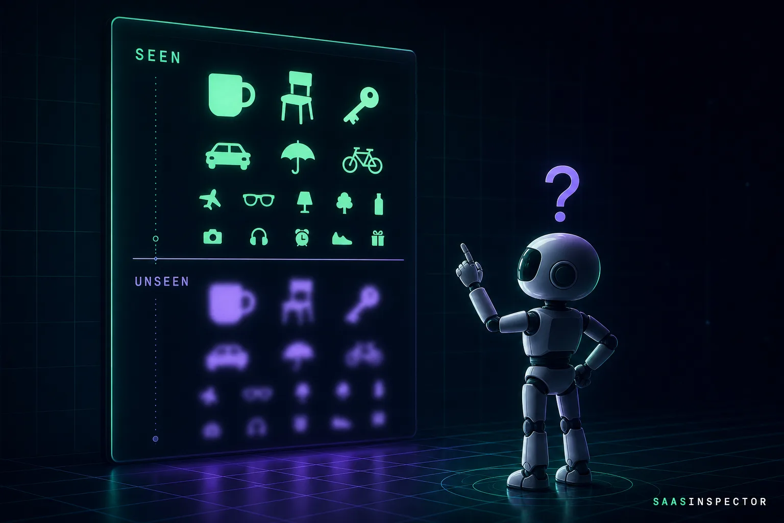 A robot attempts to read an eye chart made of ambiguous object silhouettes, with the lower half blurring into uncertainty, representing Moonshot AI's…