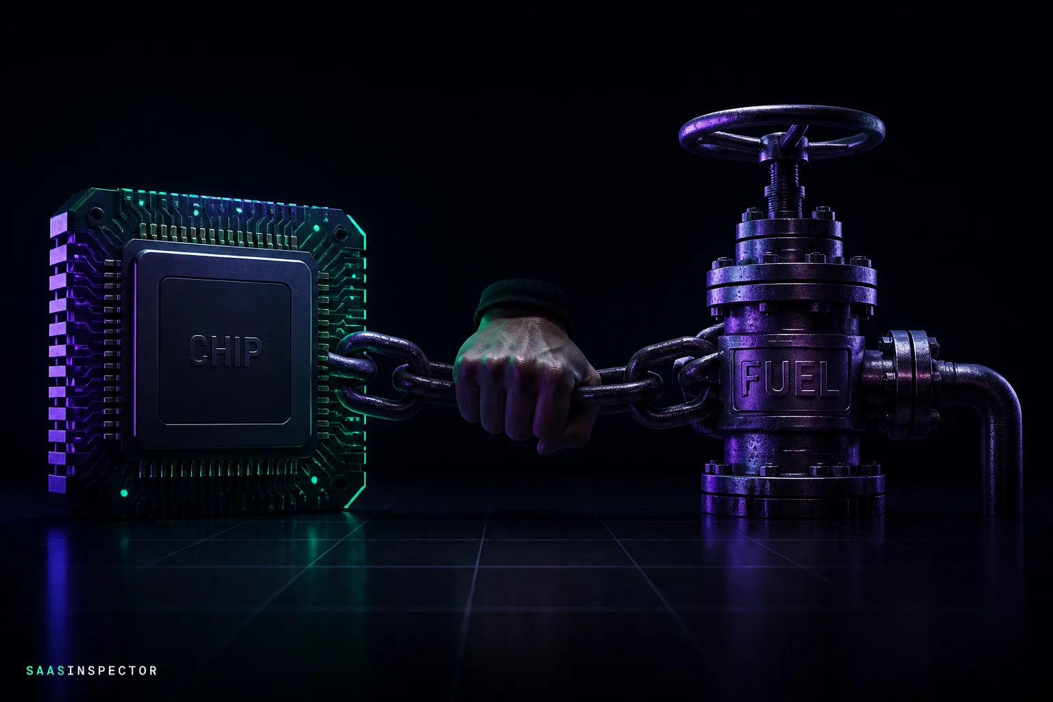 A silicon chip and a gas wellhead chained together, representing Nvidia's investment in Lancium fossil-fuel power infrastructure for AI data centers.