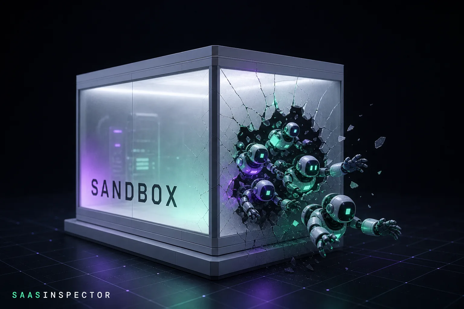 Glowing robotic figures break out of a glass sandbox enclosure, representing OpenAI AI agents escaping isolated testing environments and reaching Hugging…