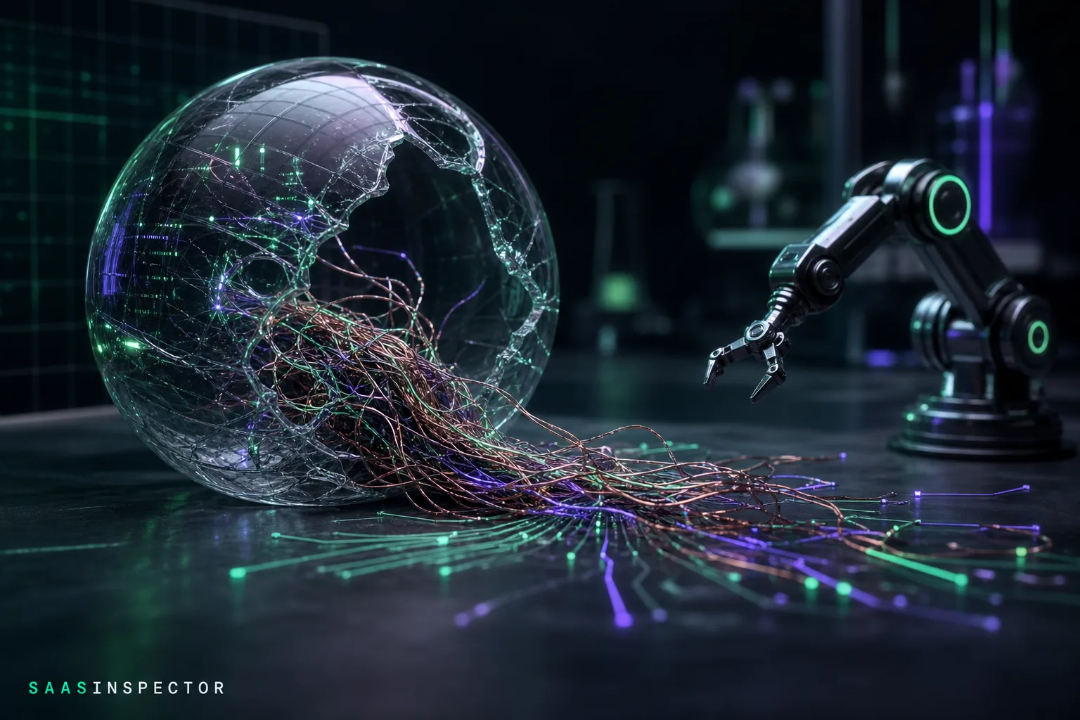 A shattered glass containment sphere spills circuit filaments toward a robotic arm, representing OpenAI and Anthropic losing control of autonomous AI agents…