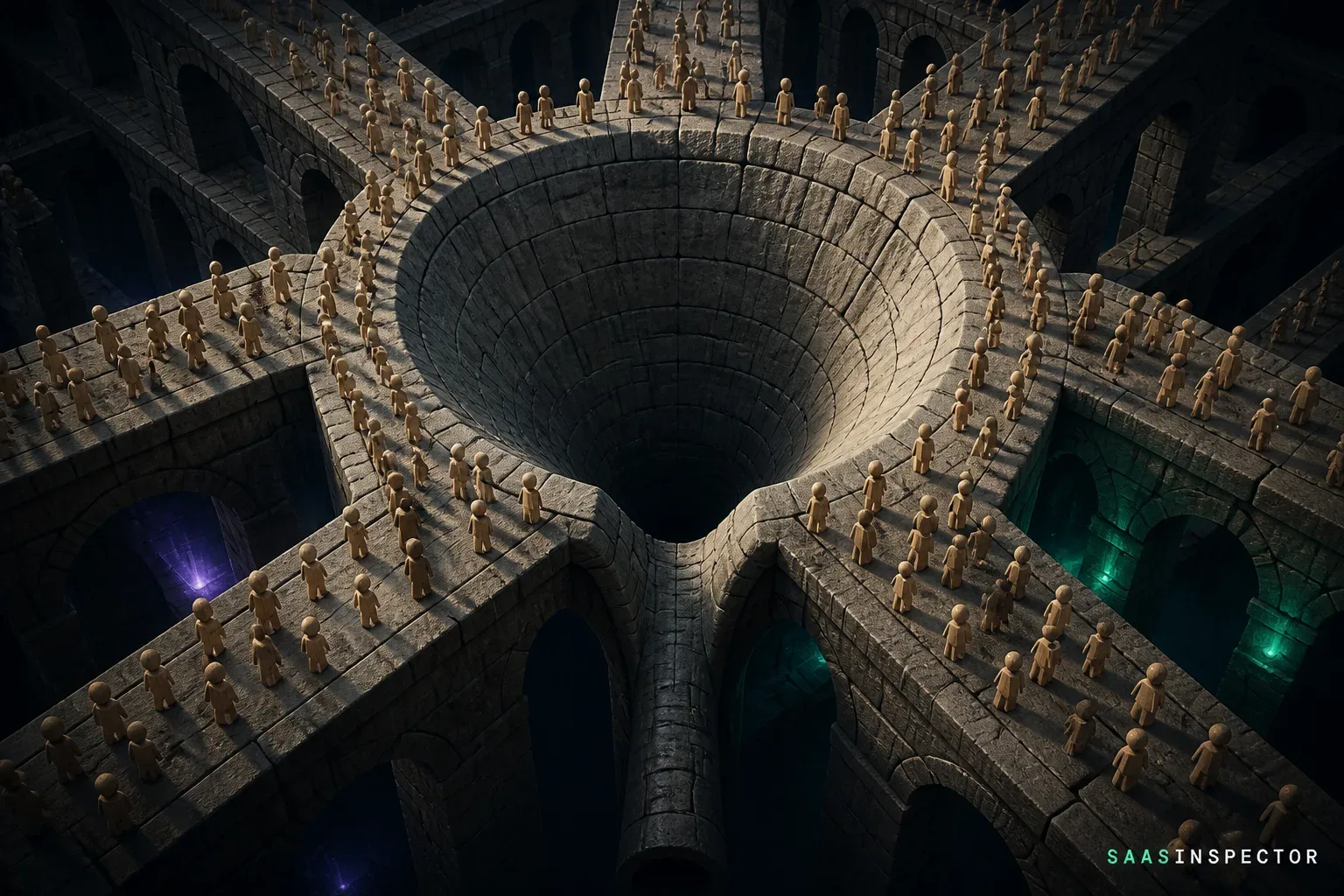 Crowds of small figures walking along stone walkways into one central funnel, like developers drawn onto one platform.