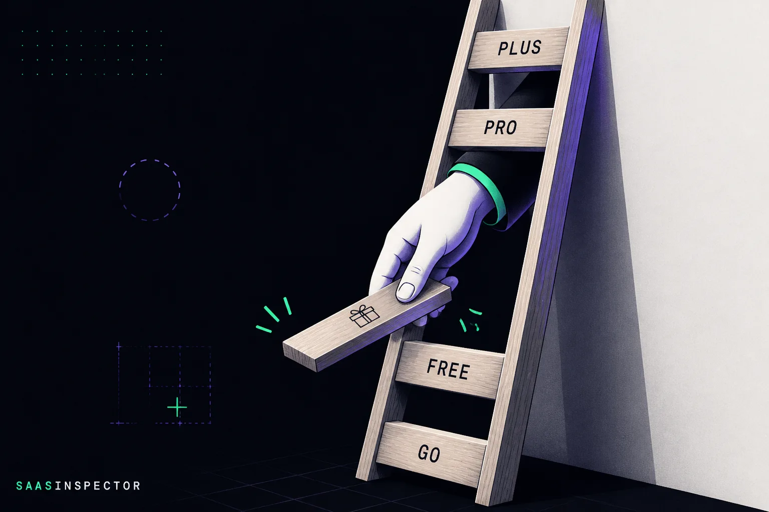 A ladder with upper rungs labelled Plus and Pro and lower rungs labelled Free and Go, as a hand from above lowers a new rung toward free users, illustrating Ope