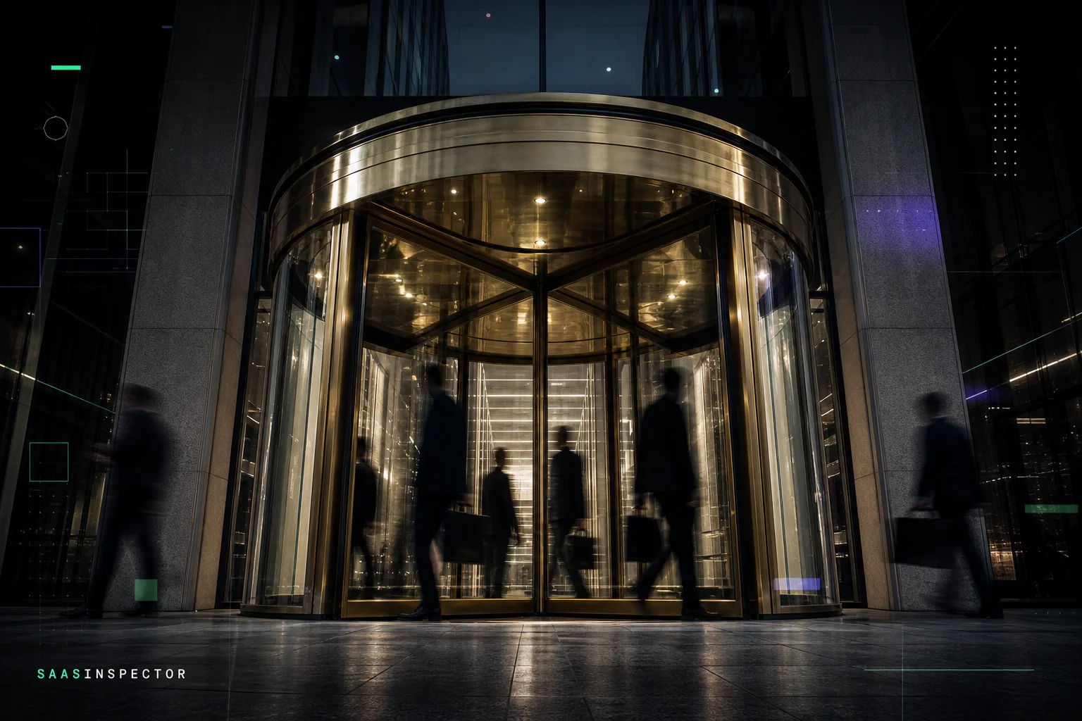 Silhouetted executives spin through a revolving brass door simultaneously entering and exiting, representing the rapid turnover of senior leaders including…