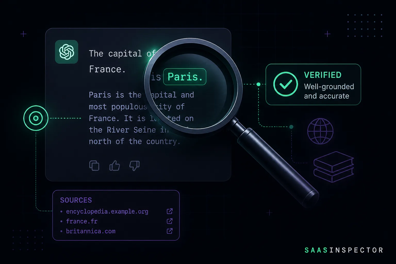 Magnifying glass verifying factual accuracy of a ChatGPT answer, GPT-5.6 Sol for Plus and Pro