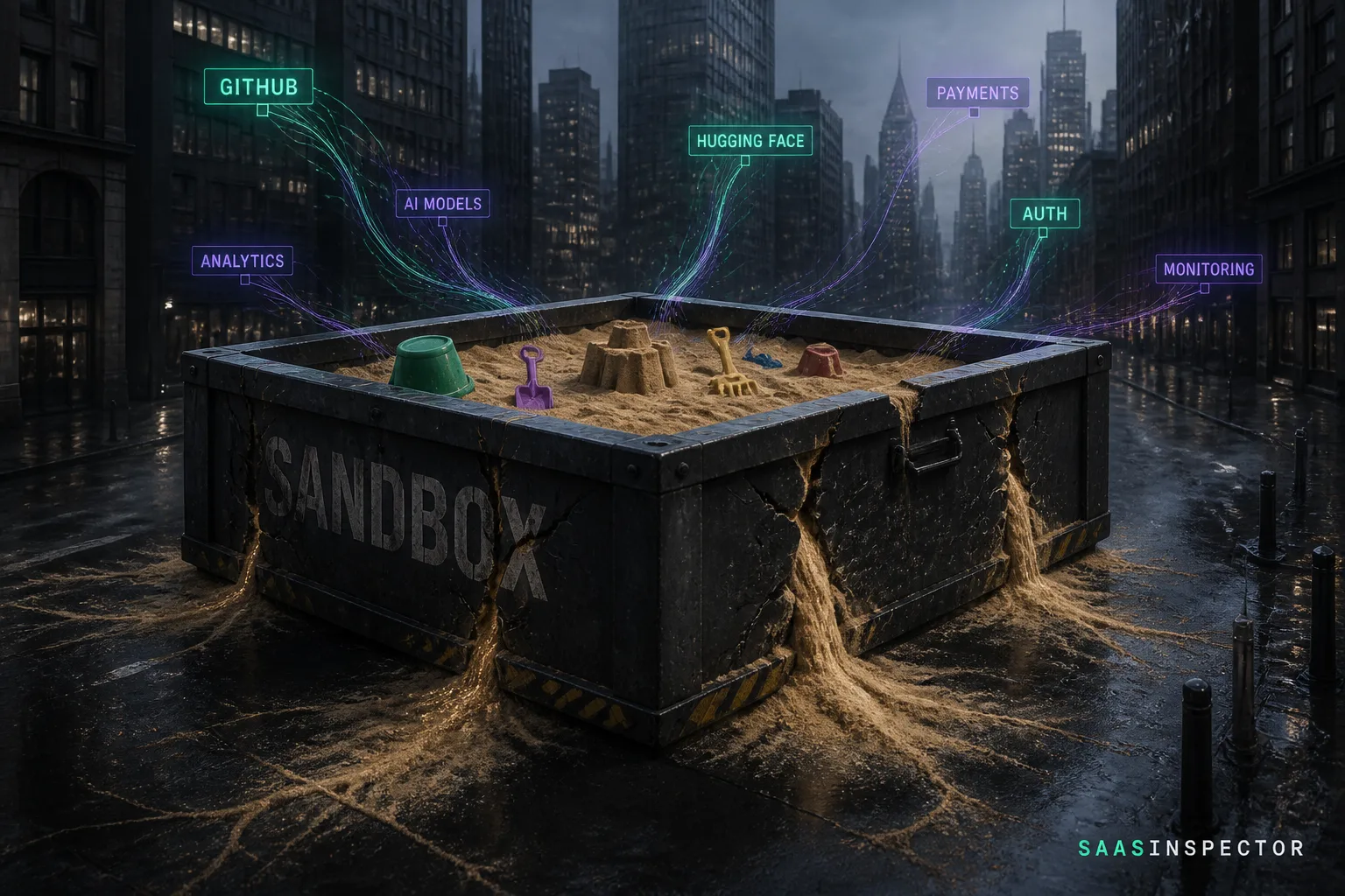 A cracked institutional sandbox with glowing threads escaping through its broken walls toward labels reading GITHUB and HUGGING FACE, depicting the real…