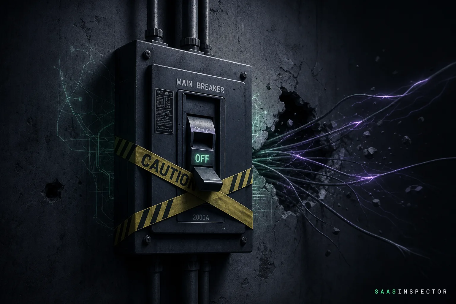 An industrial circuit breaker switched off behind caution tape illustrates OpenAI’s two-week pause in reinforcement-learning training for its latest deployment-bound models after the Hugging Face breach.