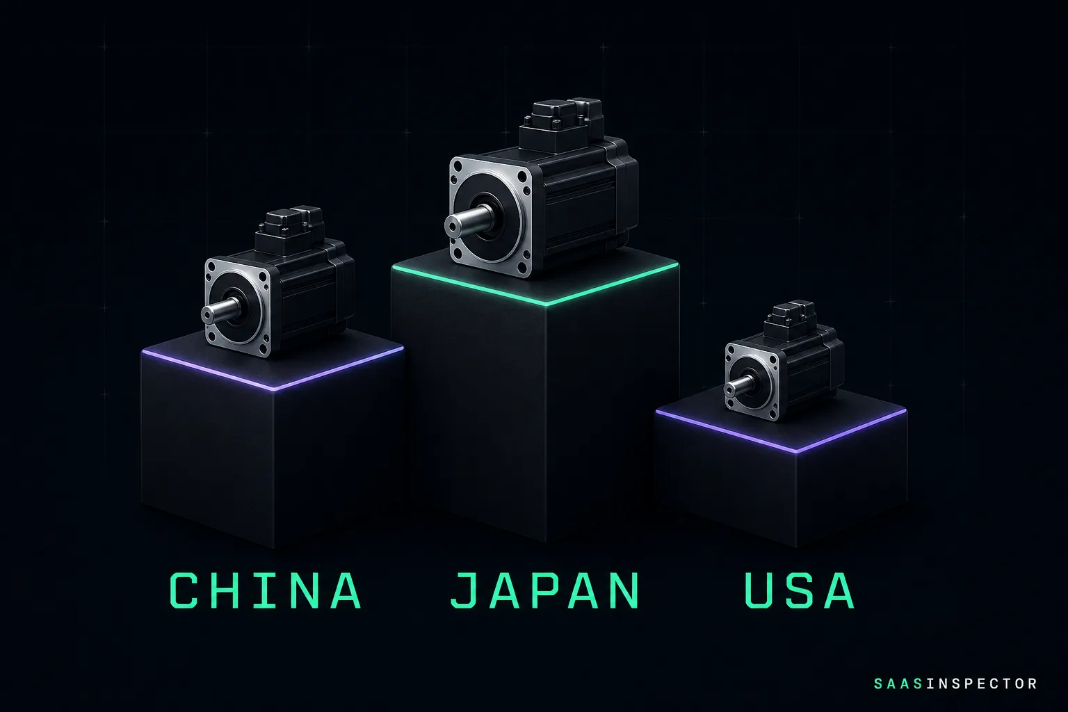 Three competition podium blocks labeled China, Japan, and USA each hold a physical motor, showing the relative hardware readiness ranking from the OpenMind…