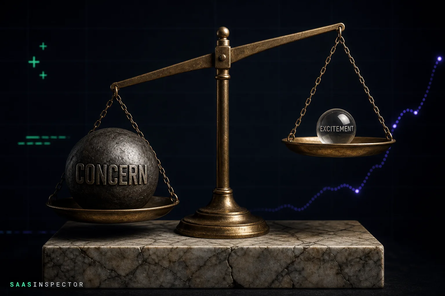 A tilted brass scale with a heavy iron sphere labeled concern outweighing a light glass orb labeled excitement shows rising U.S. public worry about AI growth.