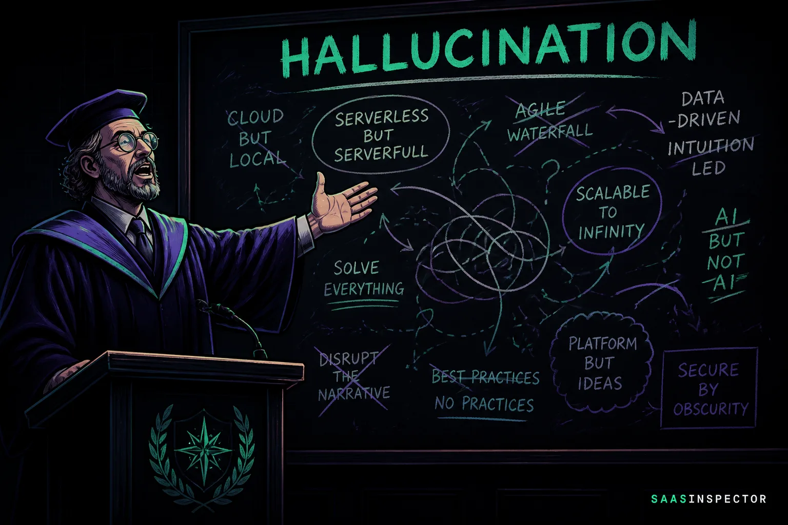 A robed figure confidently lectures at a chalkboard covered in contradictory nonsense, illustrating how Qwen3.8 Max's hallucination rate climbed from honest…