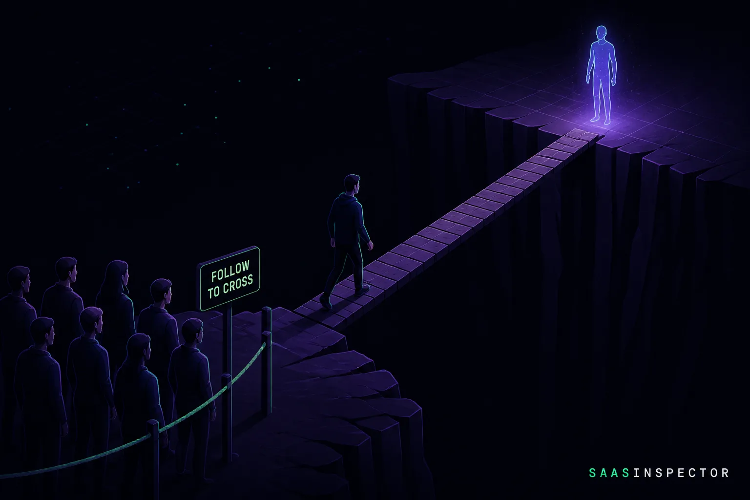 One listener crosses a footbridge toward a translucent AI artist figure while a larger crowd remains behind a sign reading Follow To Cross, depicting…
