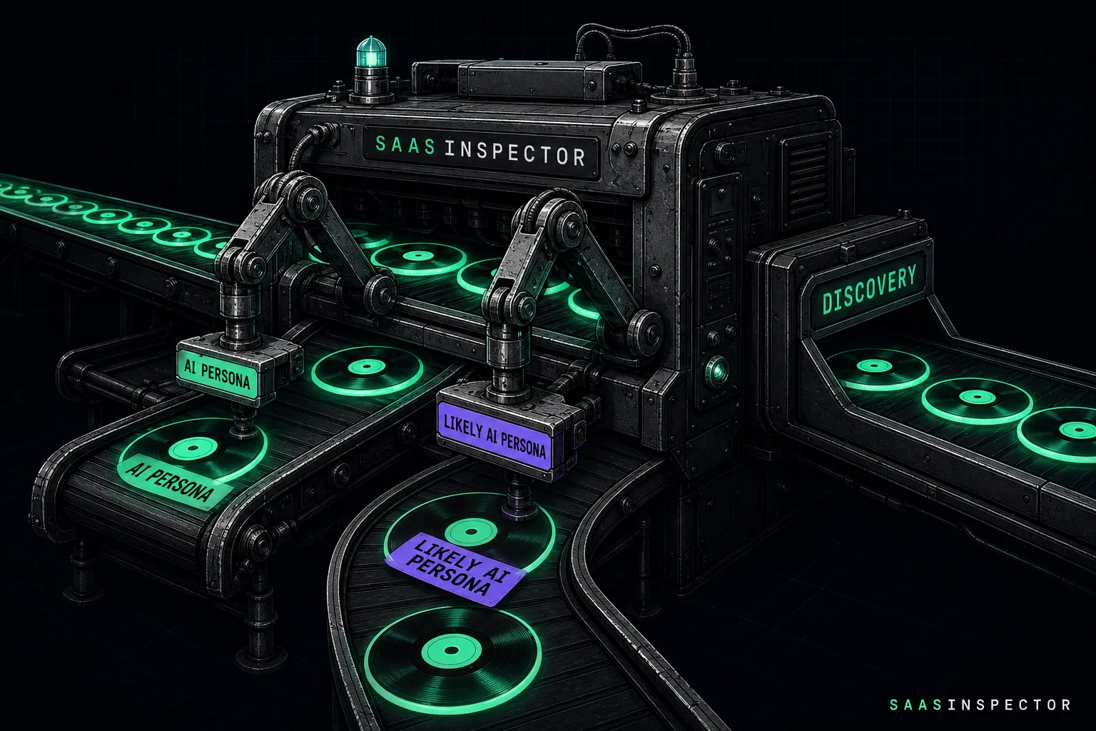 A conveyor belt sorting machine stamps record discs with AI Persona and Likely AI Persona tags, diverting them away from a chute labelled Discovery…
