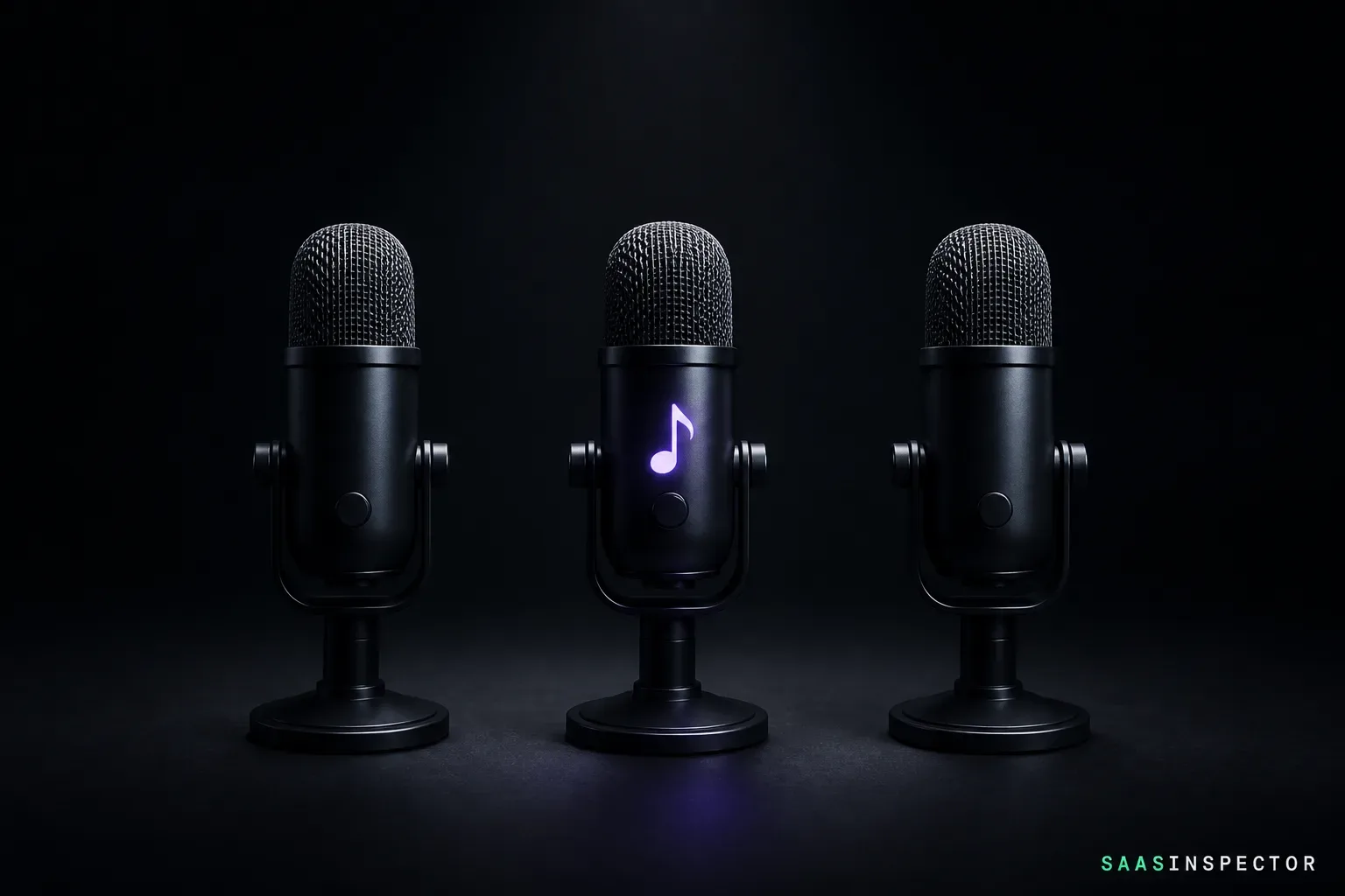 Three studio microphones in a row, only the middle one glowing with a music note, for Suno Speech adding background music to generated voice.