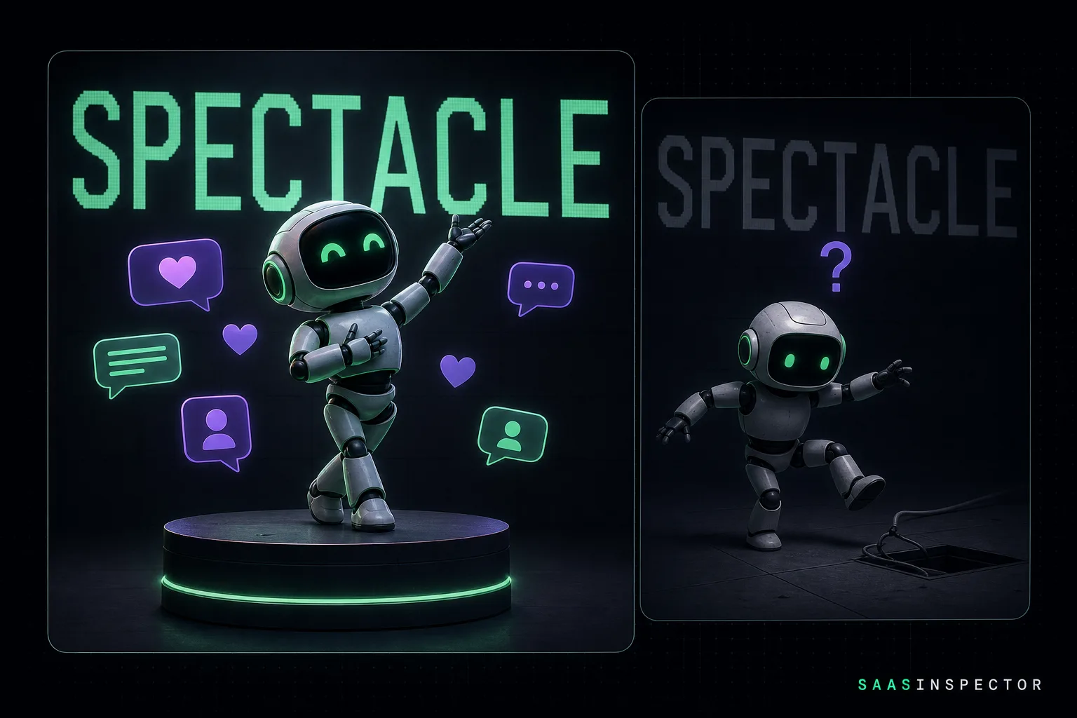 A small humanoid robot poses theatrically for social media hearts while a companion panel shows the same robot stumbling, capturing the gap between Unitree…