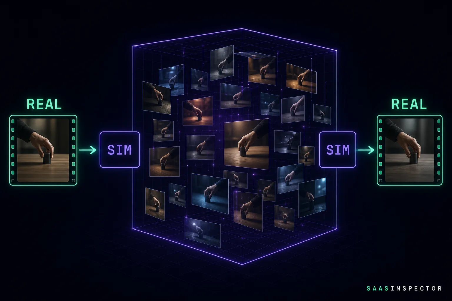 A diagram showing a single real task recording branching into dozens of simulated training variants inside a glowing virtual environment, then feeding back to…
