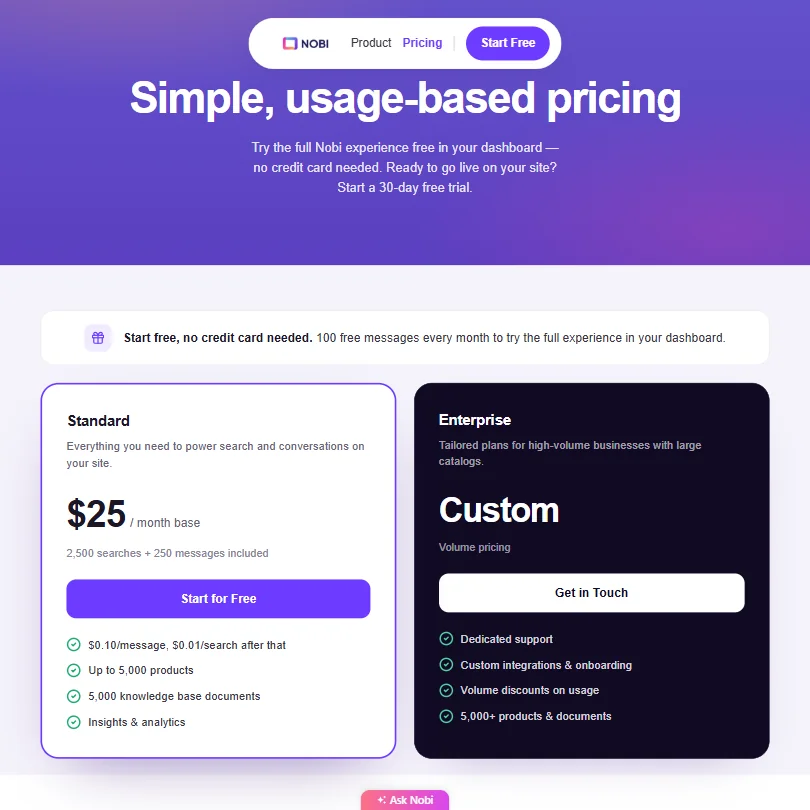 Nobi pricing screenshot