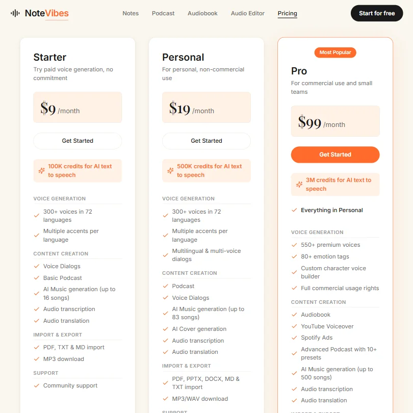 Notevibes pricing screenshot
