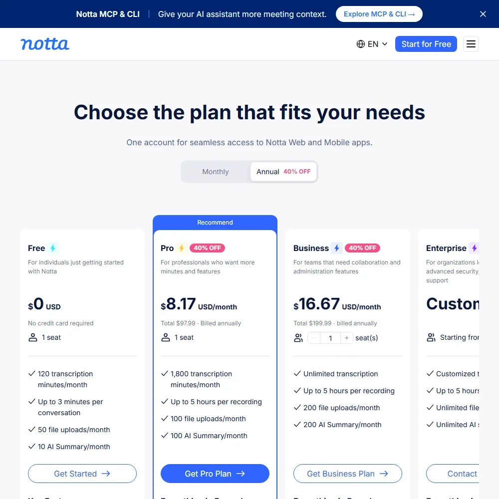 Notta pricing screenshot