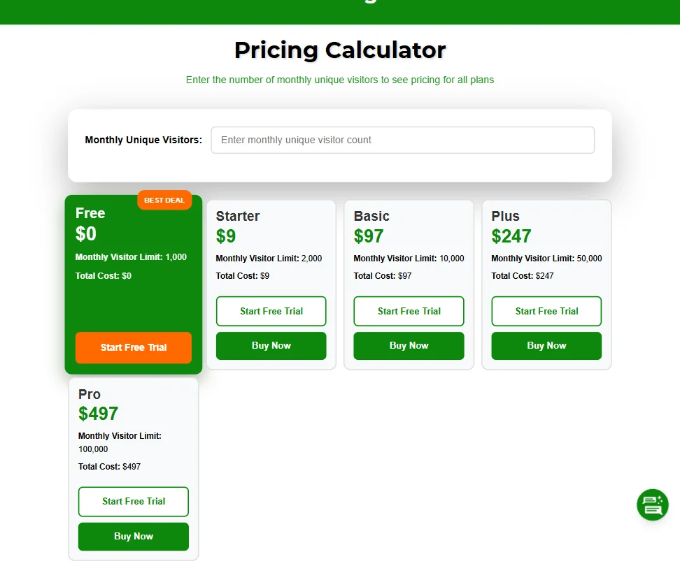 Ochatbot pricing screenshot