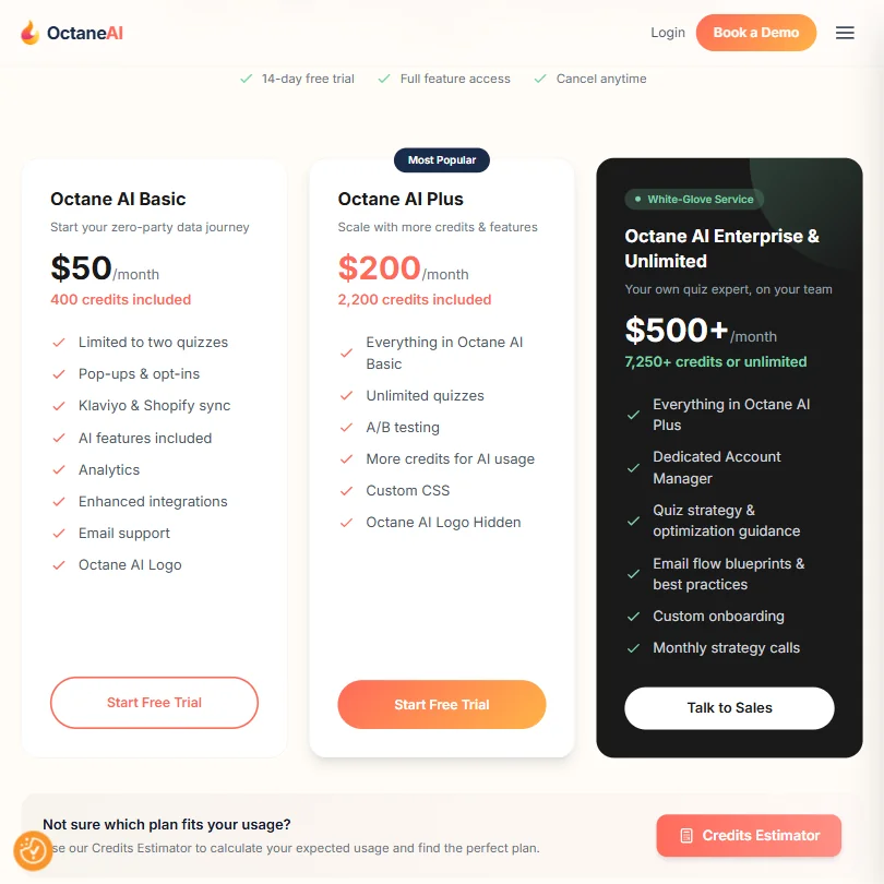 Octane AI pricing screenshot
