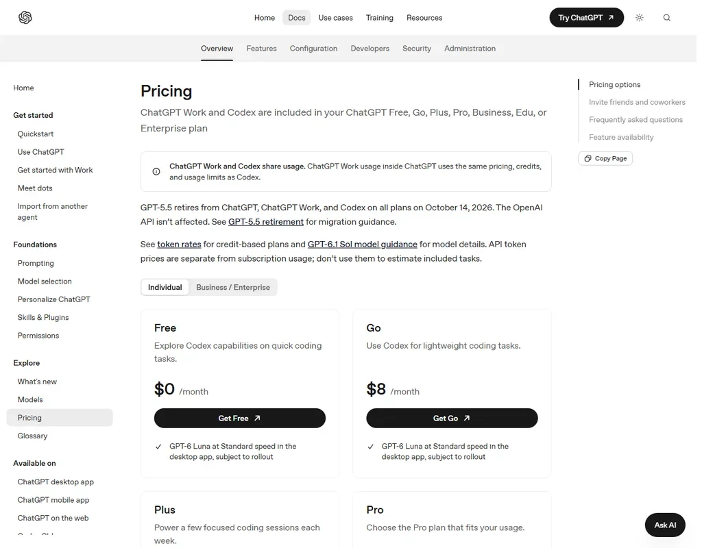 OpenAI Codex pricing screenshot