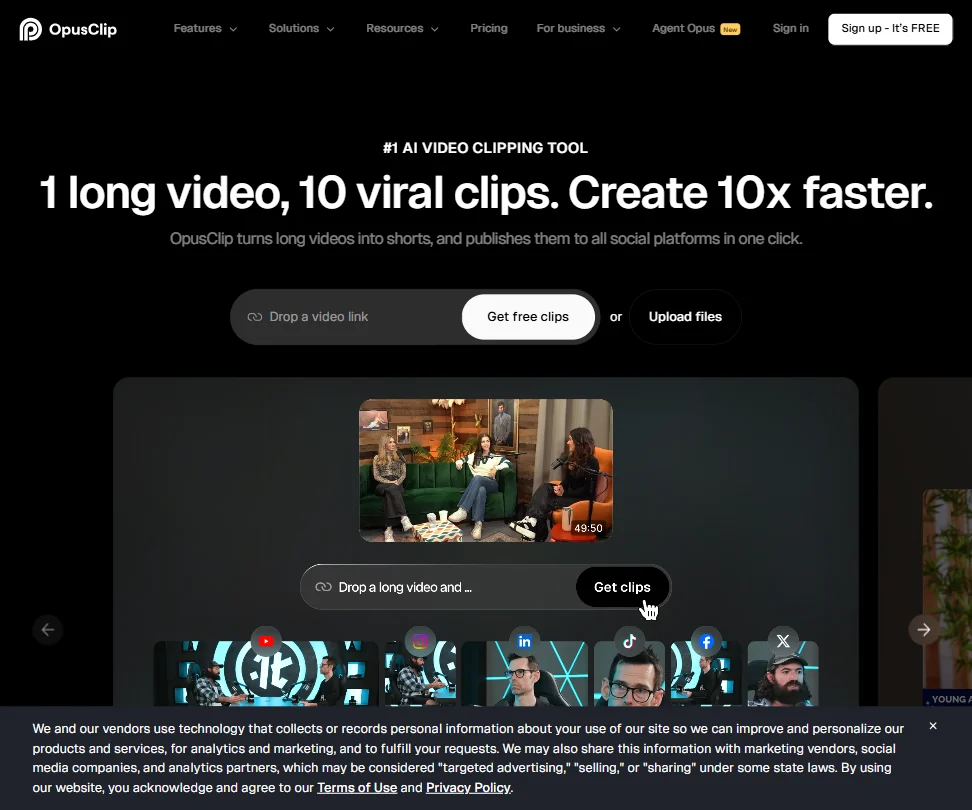 Opus Clip homepage screenshot