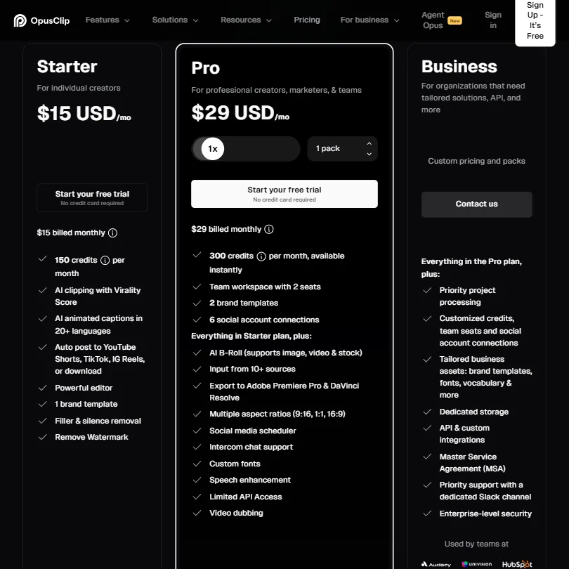 Opus Clip pricing screenshot