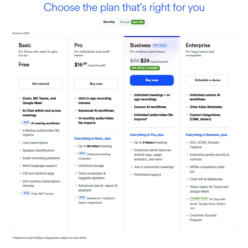 Otter.ai pricing screenshot