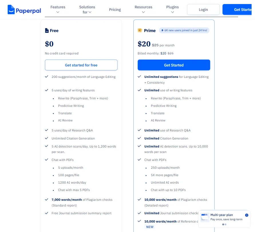 Paperpal pricing screenshot