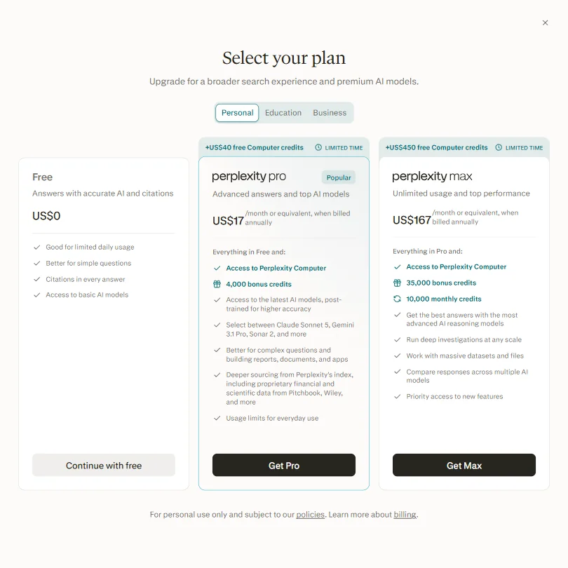 Perplexity pricing screenshot