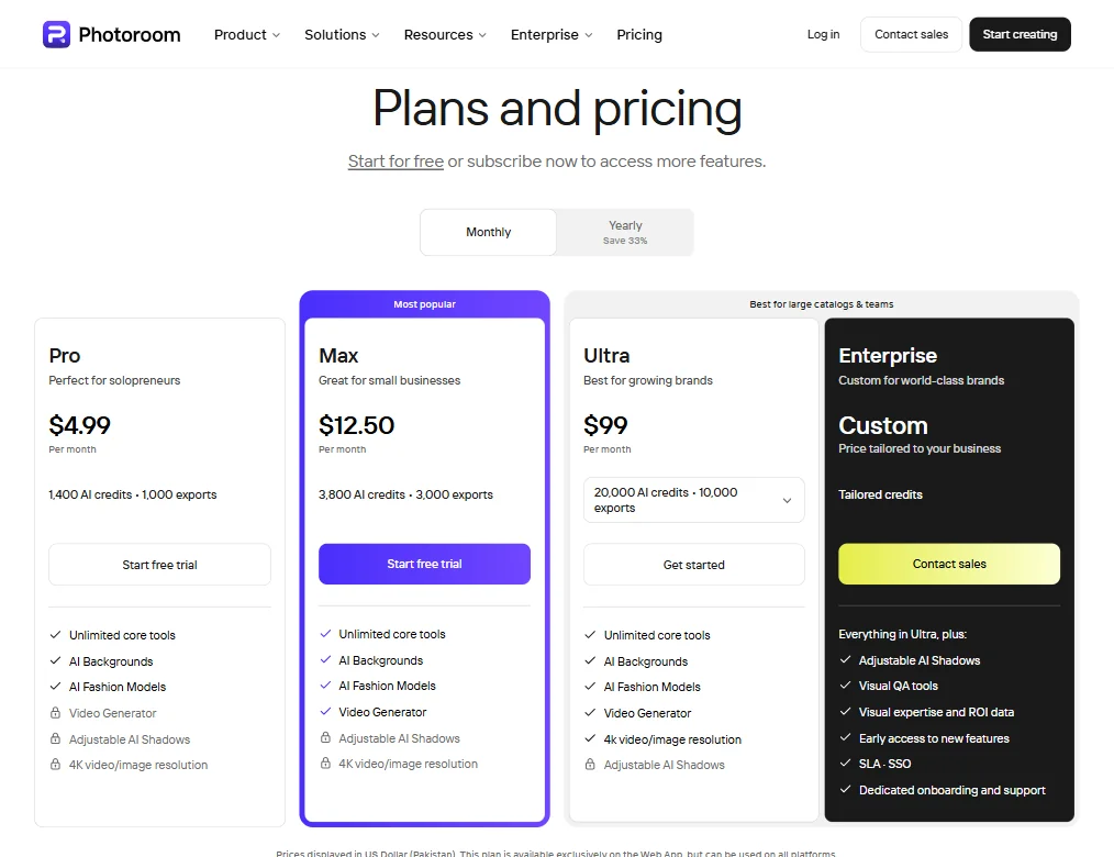 Photoroom pricing screenshot