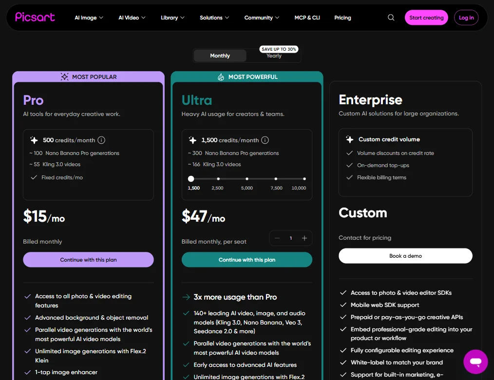 Picsart pricing screenshot