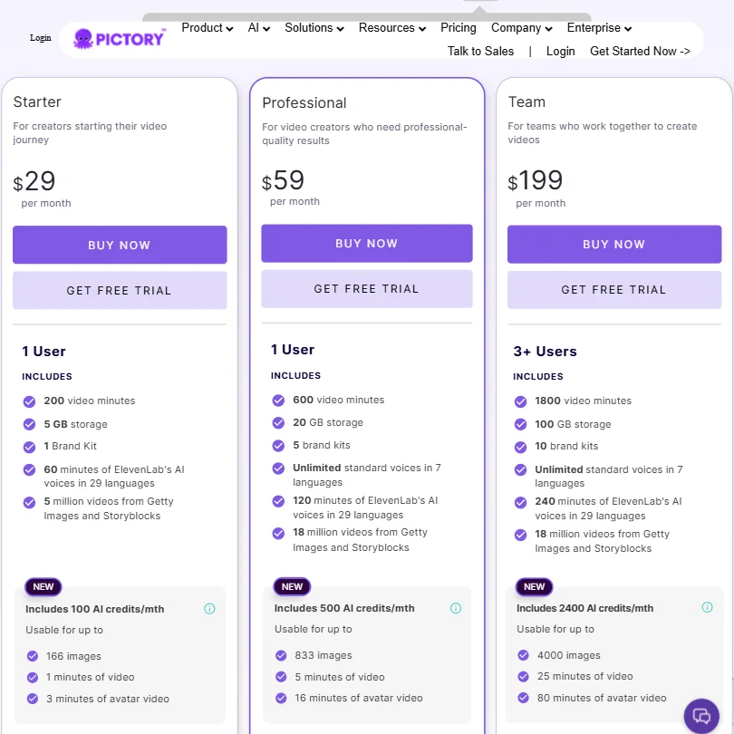 Pictory pricing screenshot