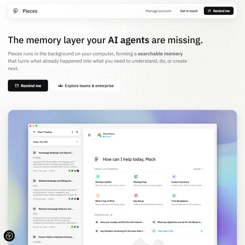 Pieces homepage screenshot