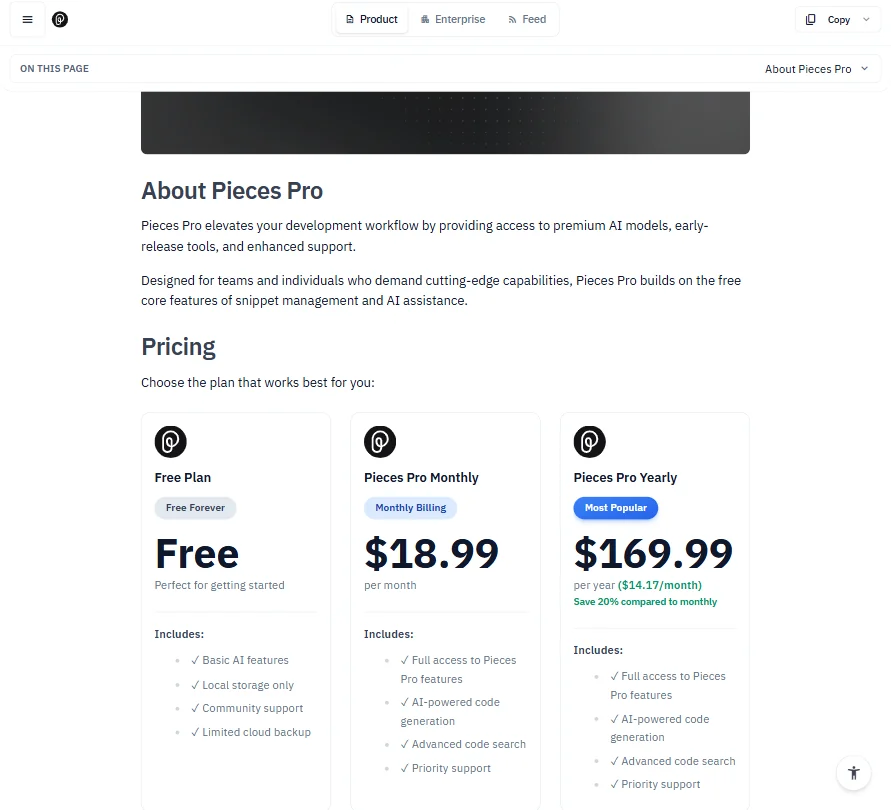 Pieces pricing screenshot